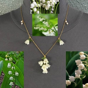 Lily of the Valley Dainty Gold and Pearl Handmade Necklace, Flowers, Leaves
