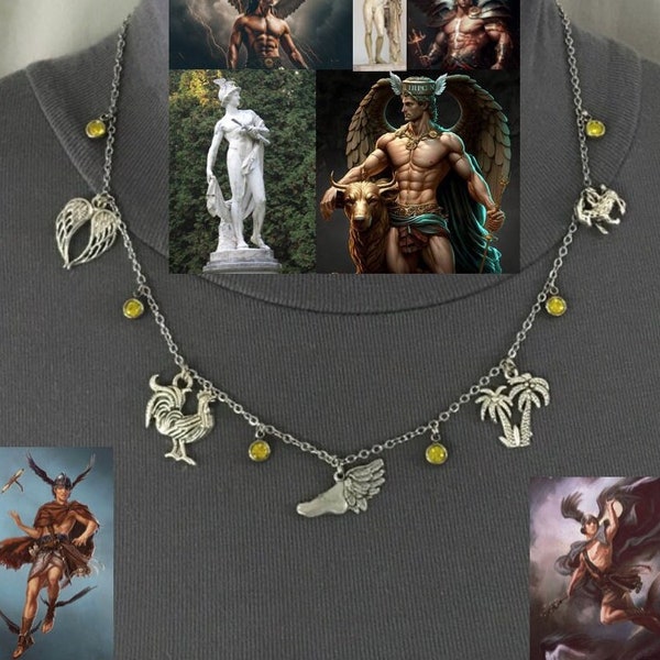 HERMES: MESSENGER of the GODS" Mercury Greek Roman Mythology Handmade Necklace, Winged Foot Ram Wings Rooster Palm tree Yellow Rhinestones