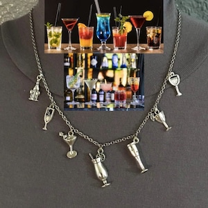 Cocktail Party Handmade Silver Charm Necklace, Tropical Drink, Champagne Flute, Martini Glass, Margarita, Wine Bottle & Glasses