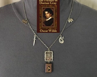 The Picture of Dorian Gray by Oscar Wilde Handmade Literature Necklace, Book Cover, Silver Frame, Knife, Art Palette, Theater Masks, Book