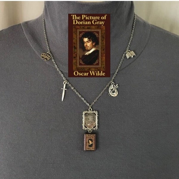 The Picture of Dorian Gray by Oscar Wilde Handmade Literature Necklace, Book Cover, Silver Frame, Knife, Art Palette, Theater Masks, Book