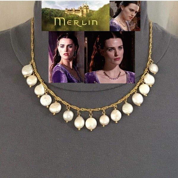 Lady Morgana Pendragon from Merlin Natural Freshwater Pearl and Gold Necklace, Handmade Replica, Cosplay, Costume