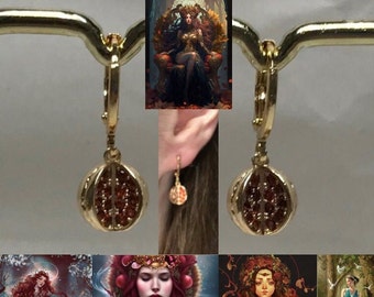 Pendientes delicados hechos a mano de la diosa griega Perséfone con granada, aros dorados con dijes de granada de circonita roja.