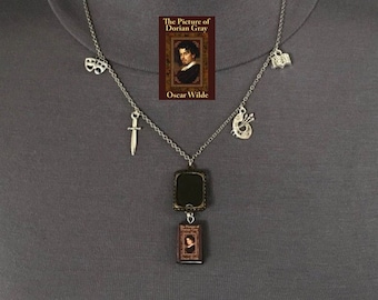 The Picture of Dorian Gray by Oscar Wilde Handmade Literature Necklace, Book Cover, Bronze Frame, Knife, Art Palette, Theater Masks, Book