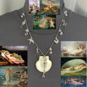 BIRTH of VENUS #3 Aphrodite Greek Roman Goddess Handmade Adjustable Necklace, Seashell, Rose Quartz, Goddess, Swan, Rose, Dove, Hand Mirror