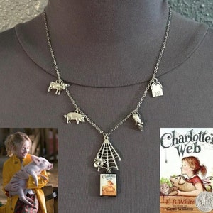Charlotte’s Web by E. B. White Handmade Literature Necklace, Book Cover, Spider on Web, Pig, Cow, Rat, Barn