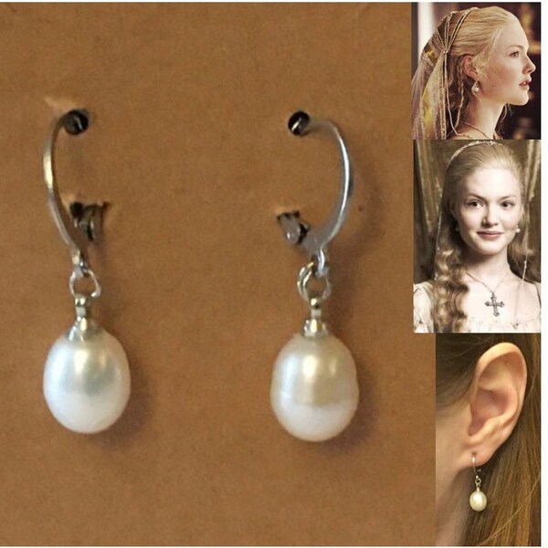 Lucrezia Borgia Natural Pearl Silver Hoop Renaissance Earrings Handmade Replicas