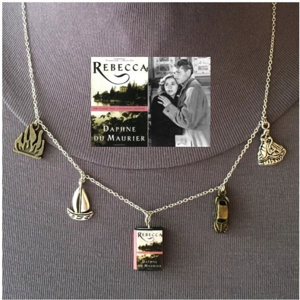 Rebecca by Daphne du Maurier Handmade Literature Necklace, Book Cover, Fire, Sailboat, Antique Car, Dress