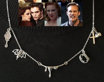 Vampire Lore Dainty Handmade Gothic Charm Necklace, Bat, Fangs, Cross,  Garlic, Mirror