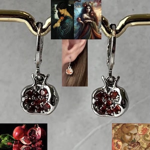 Persephone Pomegranate Greek Goddess Dainty Handmade Earrings, Silver Hoops with Red Cubic Zirconia, Pomegranate Fruit Charms