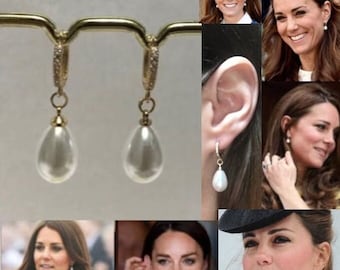 Kate Middleton Handmade Replica Earrings, Gold Rhinestone Hoops with Teardrop Pearls
