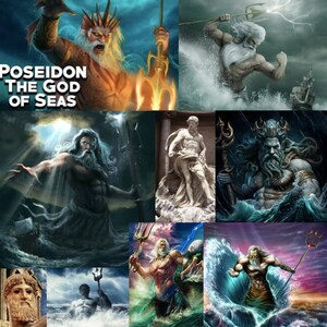 Puede incluir: Un collage de im&aacute;genes que representan a Poseid&oacute;n, el dios griego de los mares. Las im&aacute;genes incluyen ilustraciones y una estatua de Poseid&oacute;n, a menudo representado con un tridente, en varios estilos art&iacute;sticos. El texto "Poseidon The God of Seas" es visible.