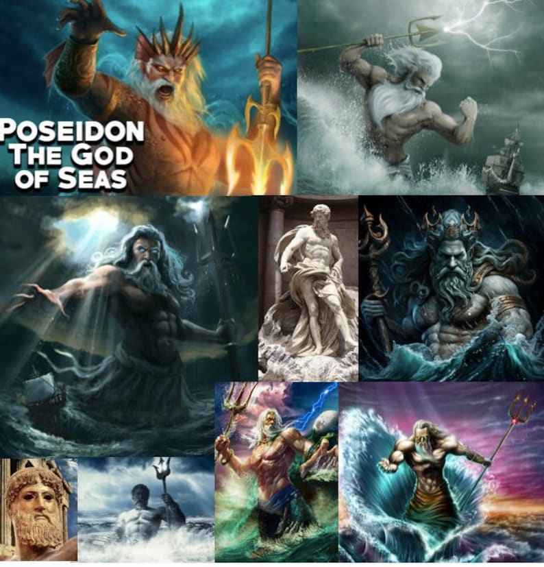 Puede incluir: Un collage de im&aacute;genes que representan a Poseid&oacute;n, el dios griego de los mares. Las im&aacute;genes incluyen ilustraciones y una estatua de Poseid&oacute;n, a menudo representado con un tridente, en varios estilos art&iacute;sticos. El texto "Poseidon The God of Seas" es visible.