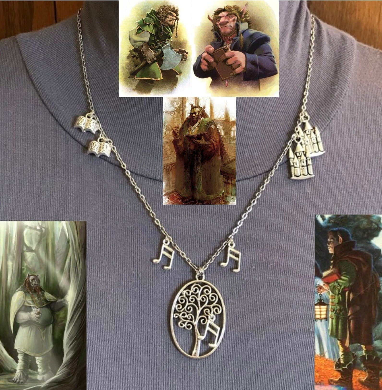 Loial's Necklace Wheel of Time Fantasy Series Ogier Handmade Character Silver Charm Necklace, Tree, Music Notes, Books, Towers