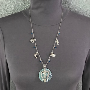 Puede incluir: Collar plateado con un colgante grande y redondo con un dise&ntilde;o azul y blanco. El collar tiene peque&ntilde;os dijes de un caballo, un delf&iacute;n, un pez y un toro, con cuentas azules. El collar se muestra sobre un cuello alto gris.