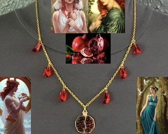 Collar hecho a mano en oro y rojo con granada y semillas de granada, diosa griega de la mitología Perséfone.