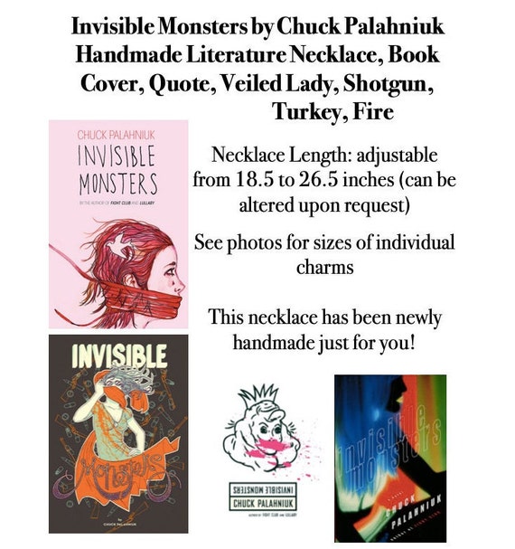 Invisible Monsters by Chuck Palahniuk Handmade Literature Necklace, Book Cover, Quote, Veiled Lady, Shotgun, Turkey, Fire