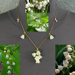 Collier délicat fait main en or et perles de muguet, fleurs, feuilles