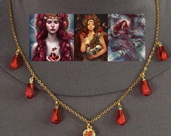 Collar de oro con piedras rojas hecho a mano con granada y semillas de granada de la diosa griega Catalina de Aragón, Perséfone