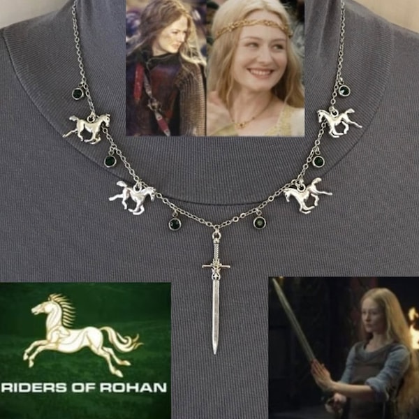 Éowyn's Necklace Lord of the Rings Tolkien Warrior of Rohan Handmade Necklace, Sword, Horses, Green Rhinestones, Fantasy, Costume, Cosplay