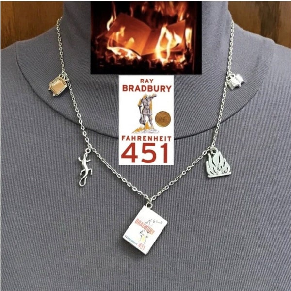 Fahrenheit 451 by Ray Bradbury Handmade Literature Necklace, Book Cover, Fire, TV, Salamander