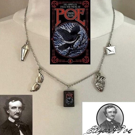 Edgar Allan Poe Handmade Gothic Literature Necklace with Book Cover, Human Heart, Coffin, Letter, Mask Charms