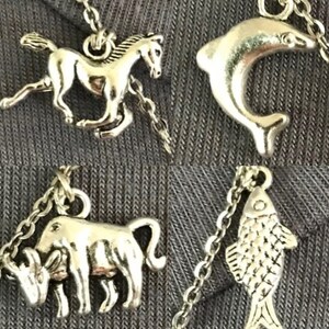 Puede incluir: Cuatro collares con colgantes plateados. Los colgantes incluyen un caballo corriendo, un delf&iacute;n, un toro y un pez. Cada colgante est&aacute; unido a una delicada cadena plateada. Los collares se muestran sobre un fondo de tela gris.