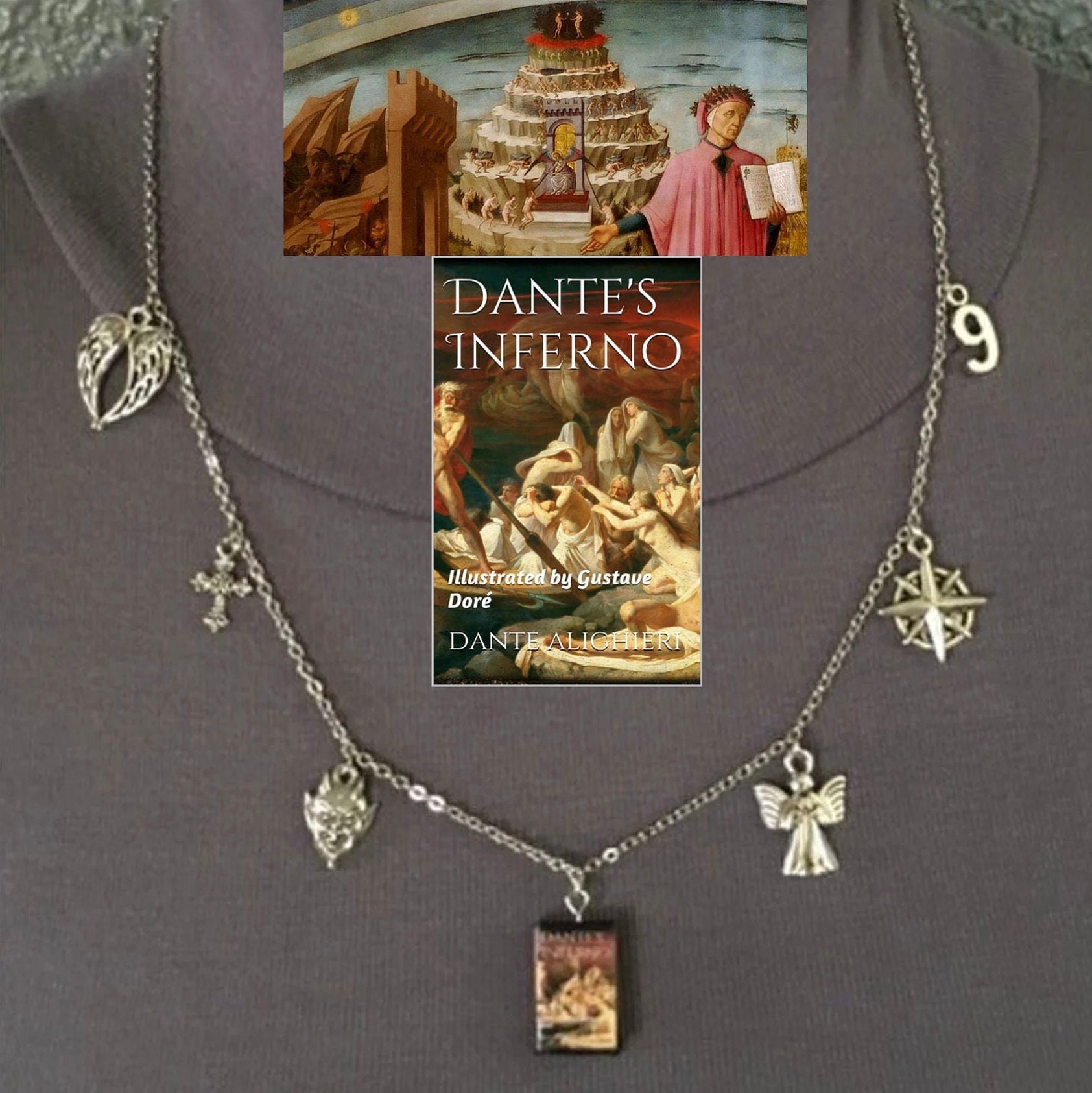Dante s Inferno Divine Comedy Handmade Literature Necklace Book Cover Devil Angel Cross 9 Etsy