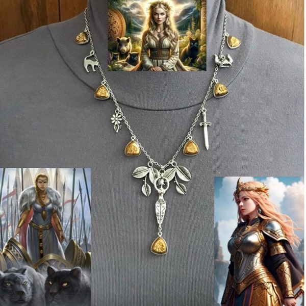 FREYA: QUEEN of the VALKYRIES Norse Mythology Goddess Handmade Viking Necklace, Sword, Cat, Daisy, Warrior Helm, Gold Cave Druzy Tears