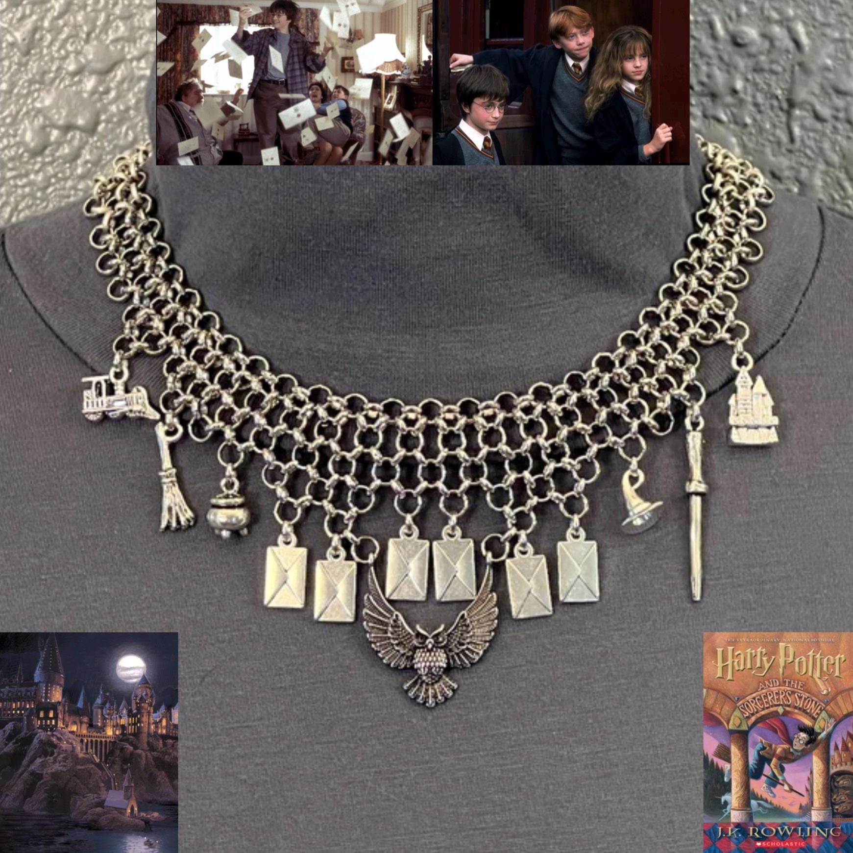 Harry Potter Handmade Chainmail Character Necklace, Hedwig Owl, Magic Wand, Hogwarts Castle, Wizard
