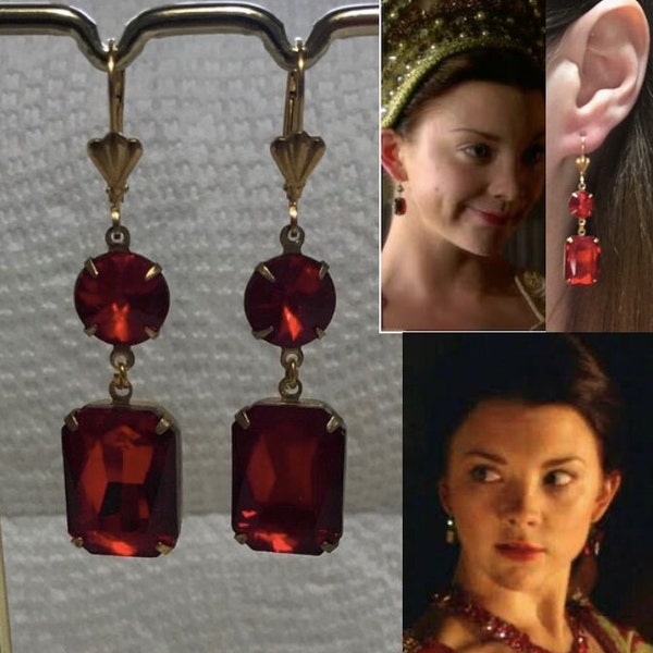 The Tudors Anne Boleyn Gold & Double Ruby Drop Renaissance Earrings, Handmade Replicas