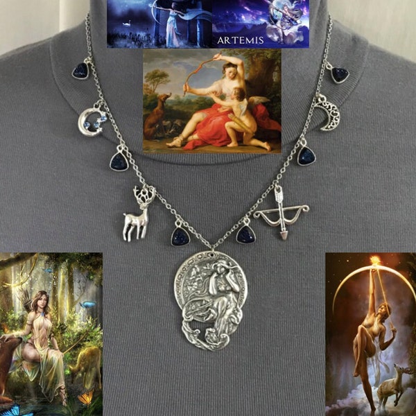 Artemis Diana Greek Roman Mythology Goddess of Moon & Hunt Handmade Necklace, Art Nouveau Goddess, Deer Bow Arrow Crescent Moon Blue Druzy