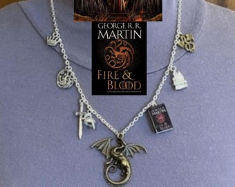 Fire & Blood by George R. R. Martin Handmade Literature Fantasy Necklace, House of the Dragon, Book Cover Targaryen Dragon Knight Helm Sword