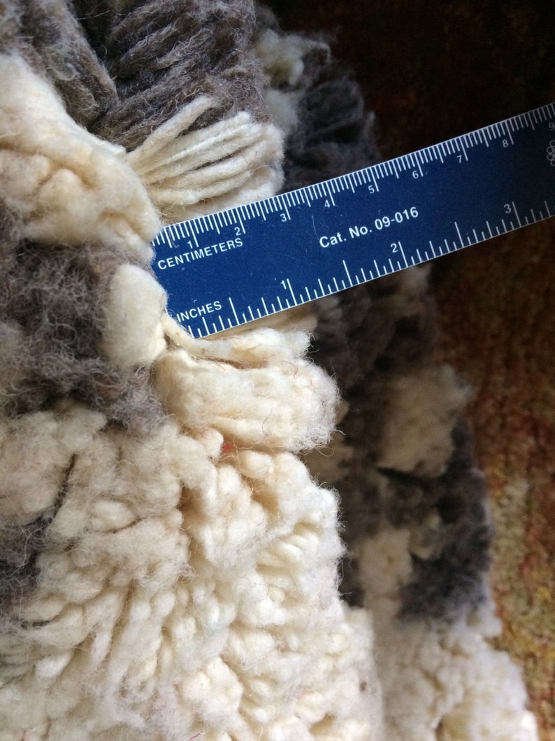 May include: Close-up of a white and brown fluffy rug with a ruler measuring 6 inches. The ruler is blue with white markings and the text "Cat. No. 09-016" printed on it.