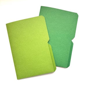 May include: Two green file folders with a tabbed divider. The folder on top is a lighter shade of green than the folder on the bottom.