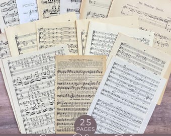 Vintage Sheet Music Paper Book Pages Bundle, 25 Mixed Media Junk Journal Ephemera