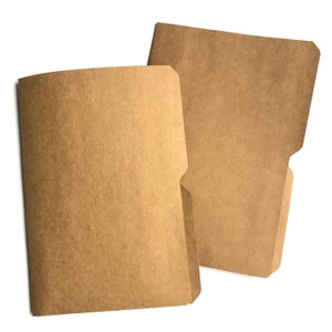 May include: Two brown paper file folders with a flap on the right side. The folders are stacked on top of each other.