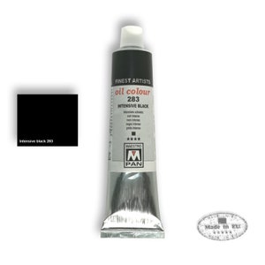 May include: A silver tube of Maestro Pan oil paint labeled "oil colour 283 INTENSIVE BLACK". The tube is labeled in multiple languages, including English, German, French, Italian, Spanish, and Portuguese. The label also includes the brand name "Maestro Pan" and a five-star rating.