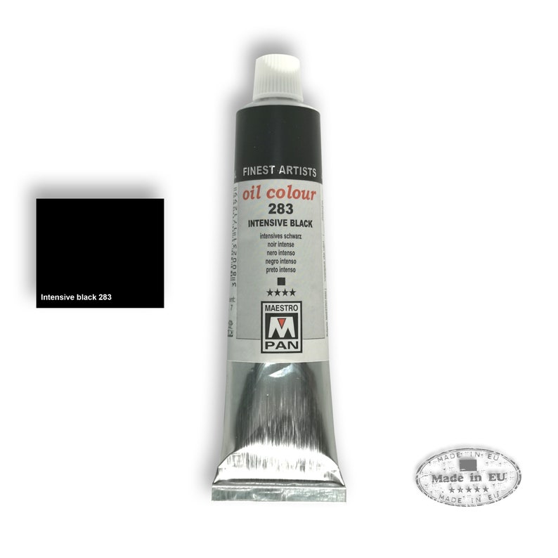 May include: A silver tube of Maestro Pan oil paint labeled "oil colour 283 INTENSIVE BLACK". The tube is labeled in multiple languages, including English, German, French, Italian, Spanish, and Portuguese. The label also includes the brand name "Maestro Pan" and a five-star rating.