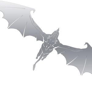 May include: A silver silhouette of a flying dragon with wings spread wide. The dragon is facing down with its head tilted back.