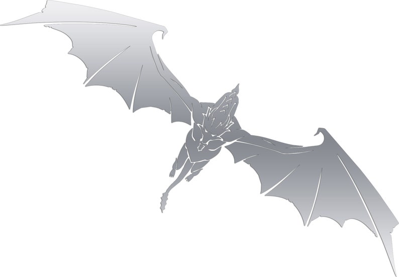 May include: A silver silhouette of a flying dragon with wings spread wide. The dragon is facing down with its head tilted back.