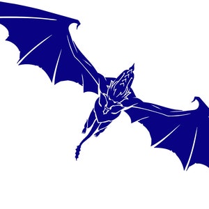 May include: A blue silhouette of a dragon with wings spread wide, flying in mid-air.