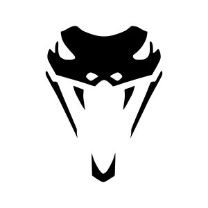 May include: Black and white silhouette of a cobra snake head with fangs and eyes. The snake head is facing forward with its mouth open.