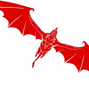May include: A red silhouette of a dragon with wings spread wide, flying in mid-air. The dragon's head is facing forward, and its body is in a curved position.