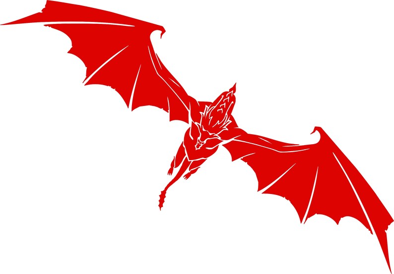 May include: A red silhouette of a dragon with wings spread wide, flying in mid-air. The dragon's head is facing forward, and its body is in a curved position.