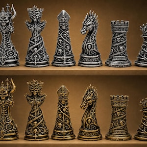 Handbeschilderd gotisch schaakspel, 32 schaakstukken met ondode skeletten, PLA fantasy spelstukken