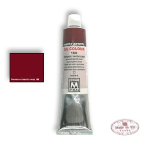 May include: A tube of Maestro Pan Finest Artists Oil Colour in Permanent Madder Deep, shade 166. The tube is silver with a red label and the text "Made in EU" is printed on a red circle.