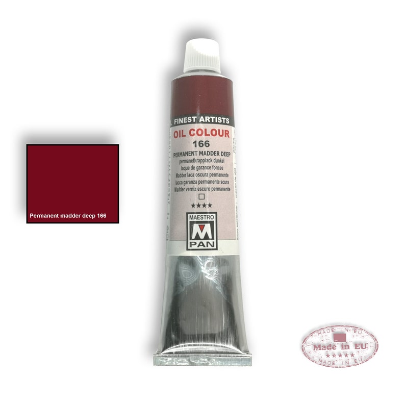May include: A tube of Maestro Pan Finest Artists Oil Colour in Permanent Madder Deep, shade 166. The tube is silver with a red label and the text "Made in EU" is printed on a red circle.