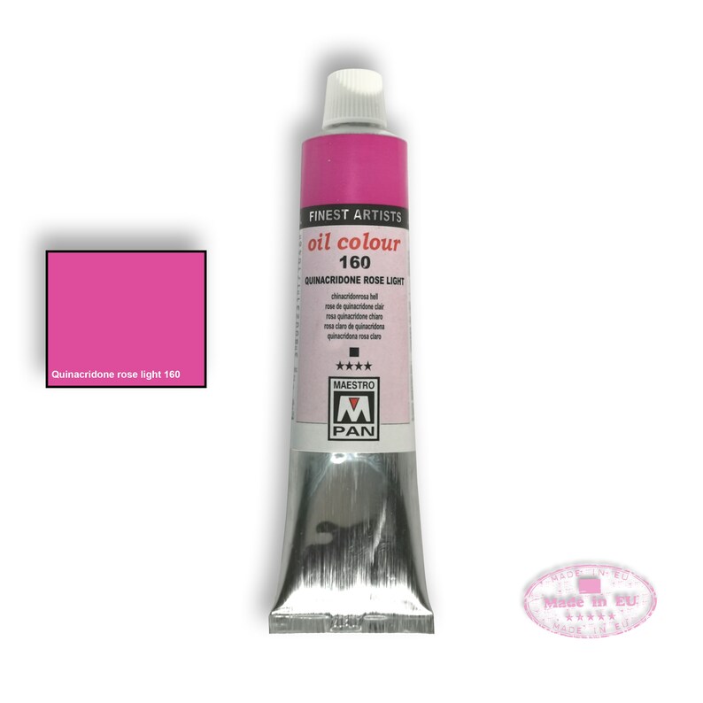 May include: A tube of Maestro Pan oil color in Quinacridone Rose Light, shade 160. The tube is silver with a pink cap and a black and white label with the brand name and color information.