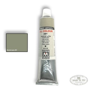 May include: A tube of Maestro Pan oil paint in the color neutral gray 281. The tube is silver with a black label that says "Finest Artists Oil Colour 281 neutral gray neutral grau gris neutre grigio neutro gris neutro cinza neutro" and a black star rating. The label also has a black Maestro Pan logo with a red "M" and a red "PAN".